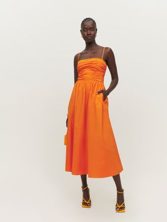 Lissa Dress - Strapless Midi Shirting/Poplin | Reformation
