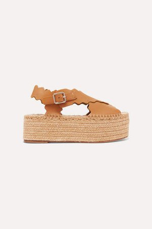Lauren Scalloped Leather Espadrille Platform Sandals - Camel