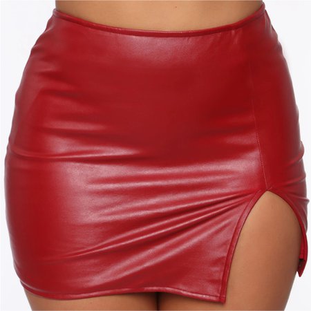 red faux leather skirt