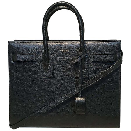 YSL Yves Saint Laurent Black Ostrich Small Sac Du Jour Handbag
