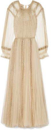 Pleated Sequined Tulle Gown - Beige