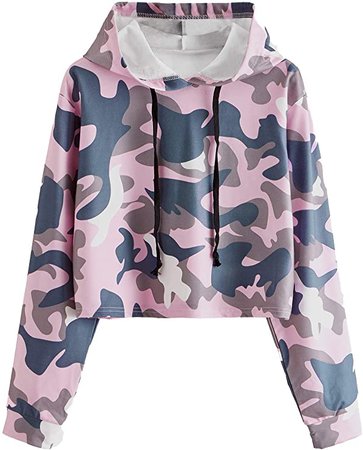 MakeMeChic Women's Long Sleeve Casual Printed Sweatshirt Crop Top Hoodies Camo Turquoise L at Amazon Women’s Clothing store
