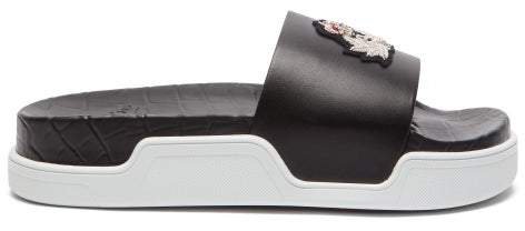 Beau Donna Crest Applique Leather Slides - Womens - Black Multi