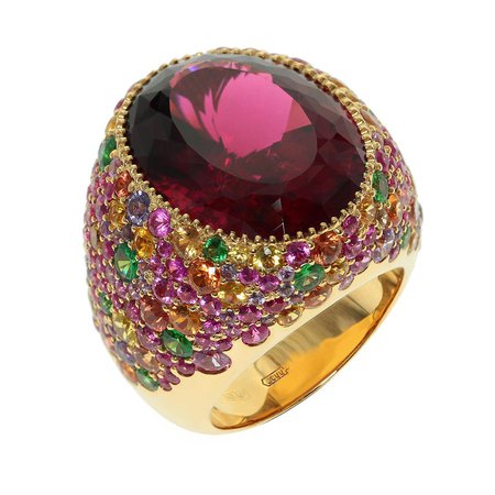 Mousson Atelier Rubellite Multi-Color Sapphire 18 Karat Yellow Gold Cocktail Ring