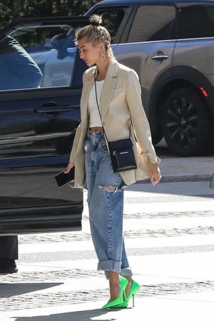 hailey bieber chic jeans and blazer look