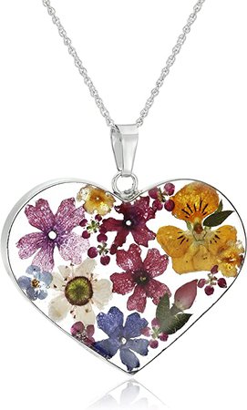Amazon.com: Sterling Silver Multi-Colored Pressed Flower Heart Pendant Necklace, 16" : Clothing, Shoes & Jewelry