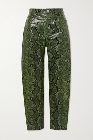 Snake-effect Leather Tapered Pants - Green