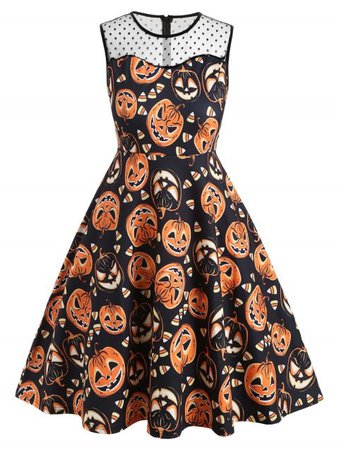 [26% OFF] 2019 Plus Size Vintage Lace Insert Pumpkin Print Halloween Flare Dress In Multicolor A | DressLily