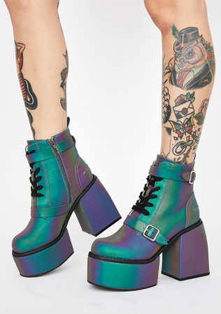 Iridescent Lace Up Ankle Block Boots -Rainbow | Dolls Kill