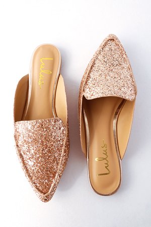 Chic Rose Gold Glitter Loafer Slides - Slip-On Loafers - Flats