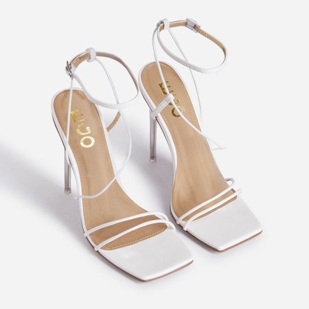 Nights Strappy Square Toe Clear Perspex Heel In White Faux Leather | EGO