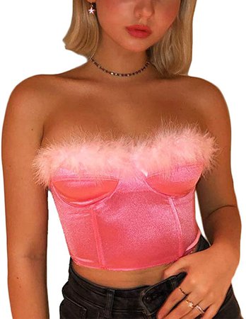 Newfancy Women Feather Trim Corset Bandeau Tube Crop Tops Bustier Satin Faux Fur Sleeveless Tank Bra Pink, Medium at Amazon Women’s Clothing store