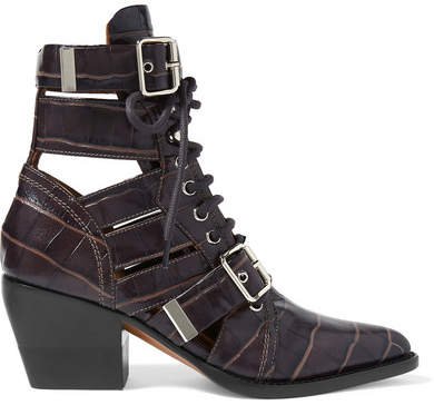 Rylee Cutout Croc-effect Leather Ankle Boots - Chocolate