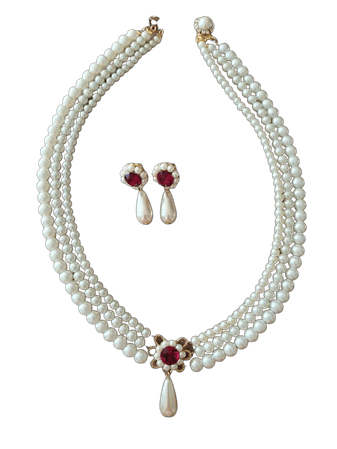 Wedding Set Pearls and Ruby Red Stone Ivory Cream Pearls Necklace And Earrings Bridal Set Drop Pearl Vintage Style Necklace Red Ruby Choker