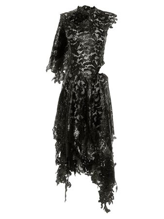 Alexander McQueen Asymmetric Lacquered black Floral Lace Dress