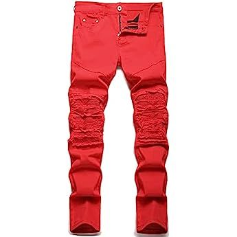 XIMXIMMTIAN Biker Jeans for Men,Slim Fit Stretch Distressed Denim Pants (36, 7274 Black red) at Amazon Men’s Clothing store