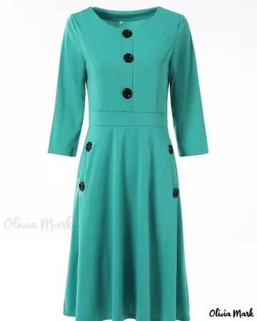 OliviaMark – Classically Designed Solid Color A-Line Dress with Elegant Round Neck, Flattering Seven-Quarter Sleeves, Exquisite Button Detailing, and Figure-Enhancing Waist Cinching – Olivia Mark