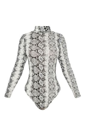 Grey Snake Print Roll Neck Bodysuit | Tops | PrettyLittleThing