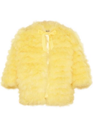 faux fur ribbon yellow jacket coat cute