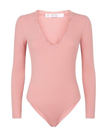 Miss Selfridge Petite v-neck lettuce hem bodysuit in pink | ASOS