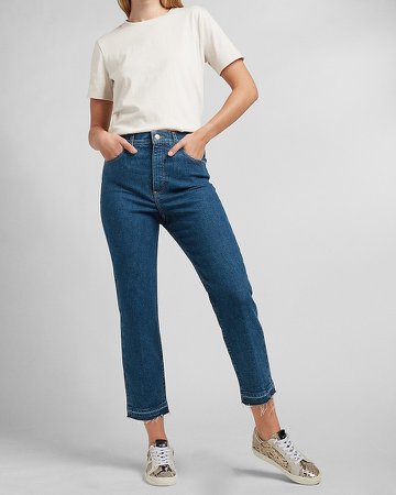 Super High Waisted Raw Released Hem Straight Jeans
