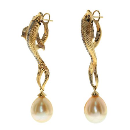 Mousson Atelier Golden South Sea Pearl Brown Diamonds Fish Earrings
