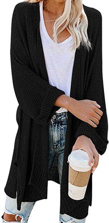 CPOKRTWSO Women's Plus Size Open Front 3/4 Sleeve Boho Boyfriend Knit Chunky Knit Cardigans Sweater Black S/M at Amazon Women’s Clothing store