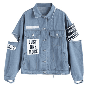 Letter Patched Cut Out Ripped Denim Jacket