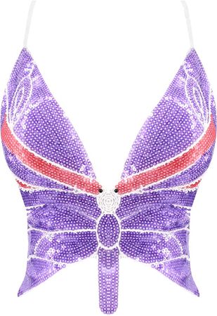 Novia's Choice Women's Sequin Crop Top Butterfly Tank Top Bandage Indian Belly Dance Costume Outfits(Purple&White) at Amazon Women’s Clothing store