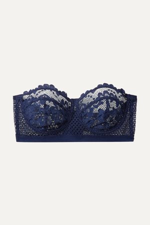 Midnight blue Petunia stretch-mesh and corded lace underwired strapless balconette bra | ELSE | NET-A-PORTER