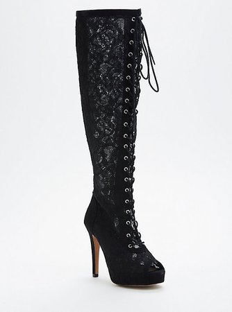 black lace lacy knee high up boots goth