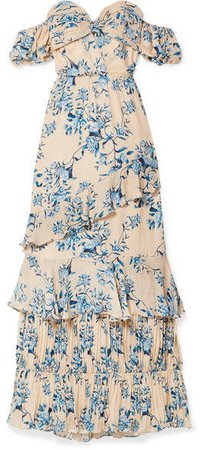 Drapes Of Solitude Off-the-shoulder Cutout Floral-print Silk-crepe Maxi Dress - Blue