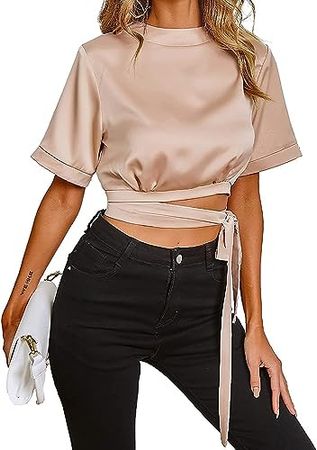 Women's Crop Tops Sexy Satin Bandage T-Shirt Short Sleeve Hollow Out Summer Short Tee at Amazon Women’s Clothing store