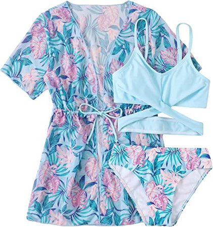 Amazon.com: WDIRARA Girl's 3 Pieces Print Wrap Crisscross Bikini Swimsuit with Cover Up Kimono : Clothing, Shoes & Jewelry