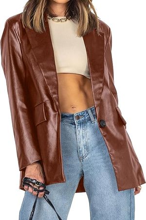 Pepochic Womens Oversized Leather Jacket Long Sleeve Faux Leather Blazer Lapel Button Down Leather Shacket Coat with Pockets at Amazon Women's Coats Shop