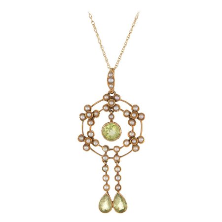 Antique Victorian Lavaliere Pendant Peridot Seed Pearl Necklace 15k Yellow Gold For Sale at 1stDibs