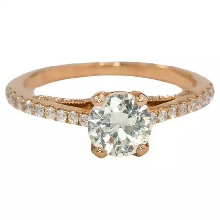 Unique Engagement Ring, White Sapphire, Rose Gold, Natural Diamond, Millgrain For Sale at 1stDibs