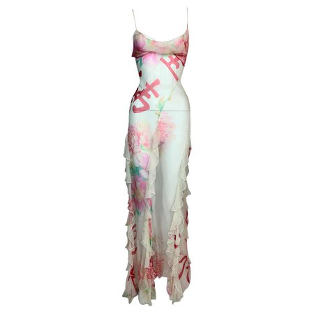 F/W 2003 Christian Dior John Galliano Sheer Ivory Silk Japanese Gown Dress For Sale at 1stDibs