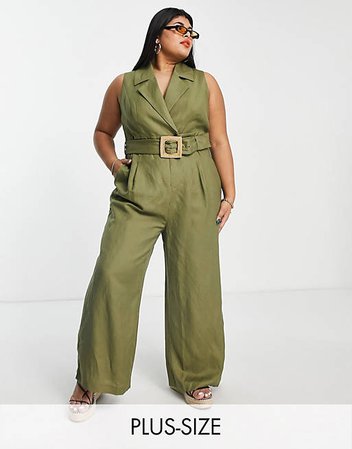 Ever New Curve tie waist wide leg jumpsuit in olive | ASOS