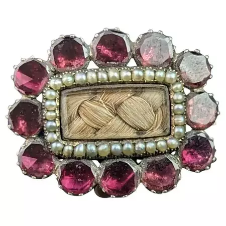 Antique Georgian Mourning brooch, flat cut Garnet, Pearl, 9k gold For Sale at 1stDibs | victorian mourning pins