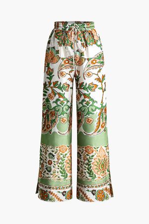 Floral Print Drawstring Slit Wide Leg Pants – Micas