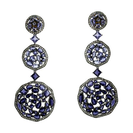 Designer 3 Tier Mosaic Iolite and Diamond Dangle Earring in Silver and Gold For Sale at 1stDibs