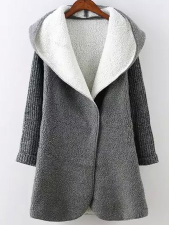 Grey Hooded Long Sleeve Pockets Sweater Coat
