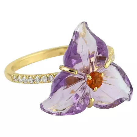 Customizable Carved Amethyst Citrine Diamond 18 Karat Gold Flower Ring For Sale at 1stDibs
