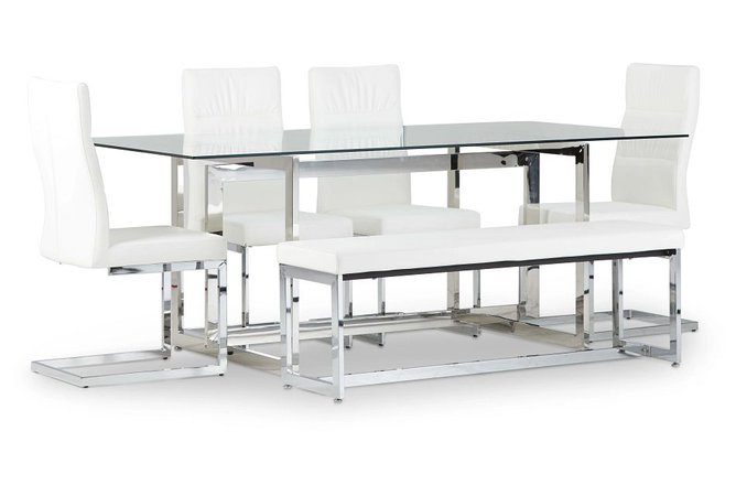 Bronx Glass White Table, 4 Chairs & Bench | Dining Room - Dining Sets | City Furniture