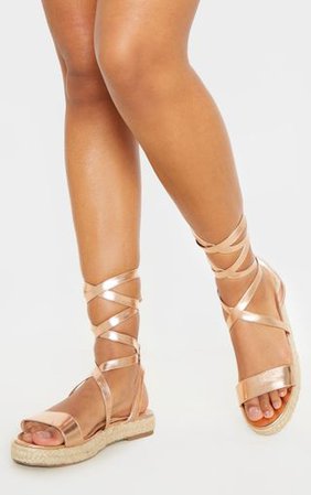 Rose Gold Lace Up Flatform Espadrille Sandal | PrettyLittleThing