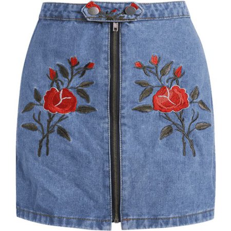 Flower Embroidered Plus Size Denim Skirt