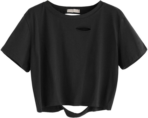 SweatyRocks Women's Summer Short Sleeve Tee Distressed Ripped Crop T-shirt Tops (Large, Black) at Amazon Women’s Clothing store