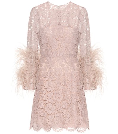 VALENTINO Feather-trimmed lace minidress