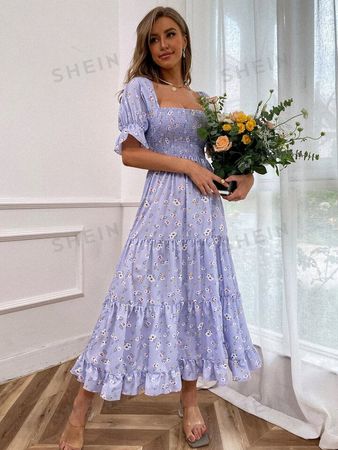 SHEIN VCAY Allover Floral Shirred Split Thigh Dress | SHEIN USA